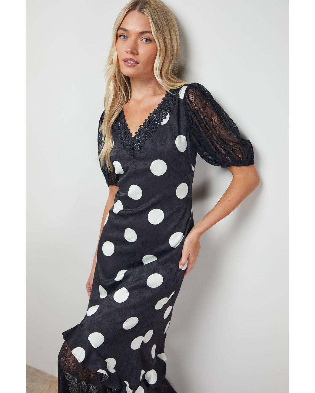 Oasis Polkadot Lace Frill Detail Puff Sleeve Midi Dress in White | Lyst