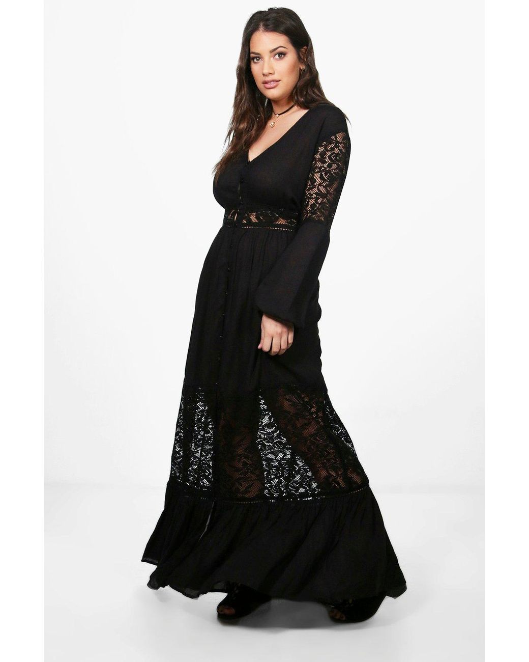 Boohoo Plus Boho Lace Insert Maxi Dress in Black | Lyst UK