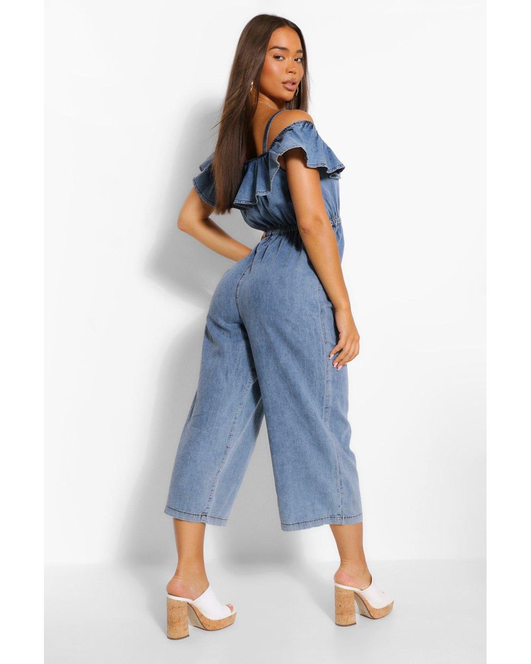 strappy denim jumpsuit