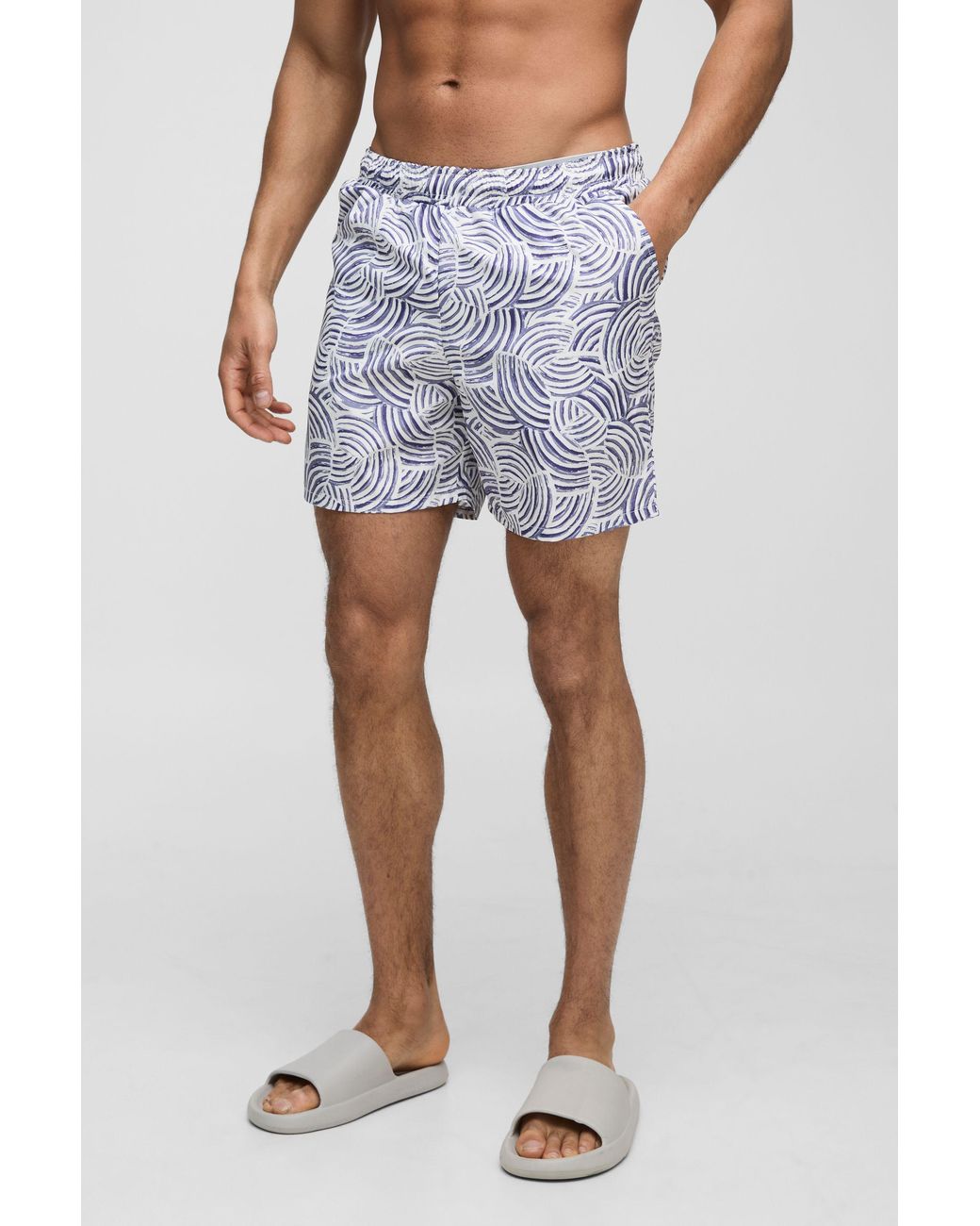 BoohooMAN Blue Pattern Printed Mid Length Swim Trunks for men