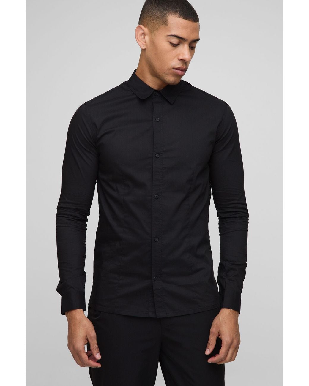 BoohooMAN Black Stretch Fit Basic Long Sleeve Collared Shirt for men