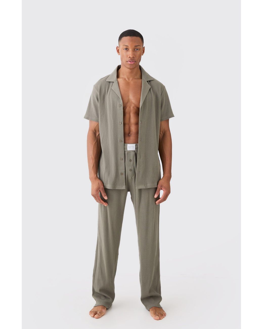 BoohooMAN Waffle Lounge Shirt Relaxed Bottom Set in Green for Men Lyst UK