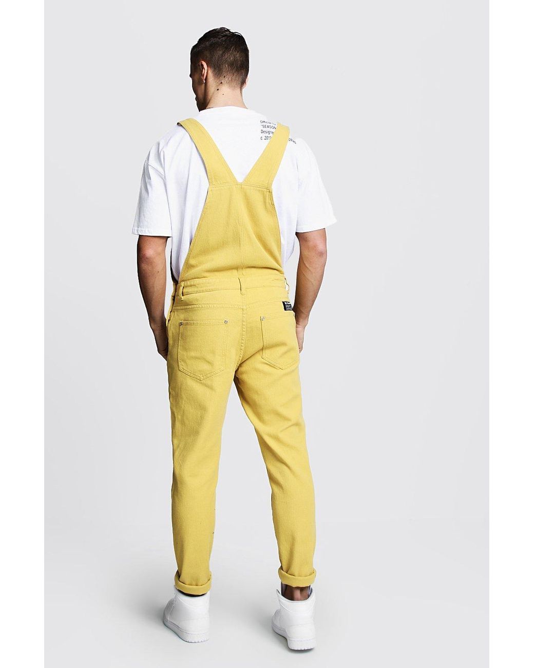 BoohooMAN Slim Fit Rigid Denim Overalls in Yellow for Men | Lyst