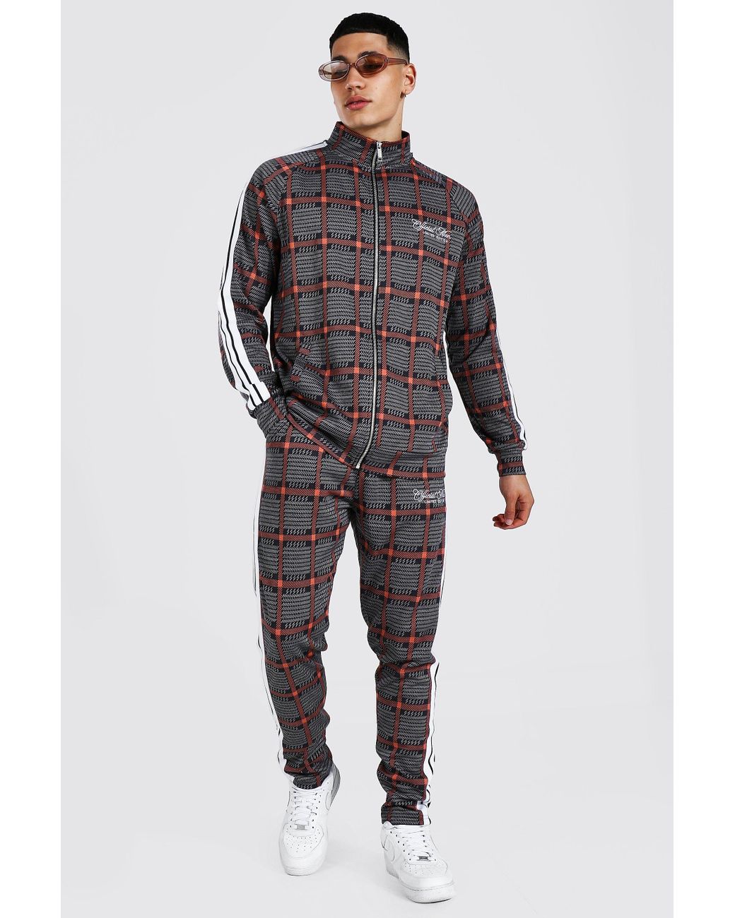 BoohooMAN Cotton Man Jacquard Funnel Neck Tape Tracksuit in Brown for Men - Lyst