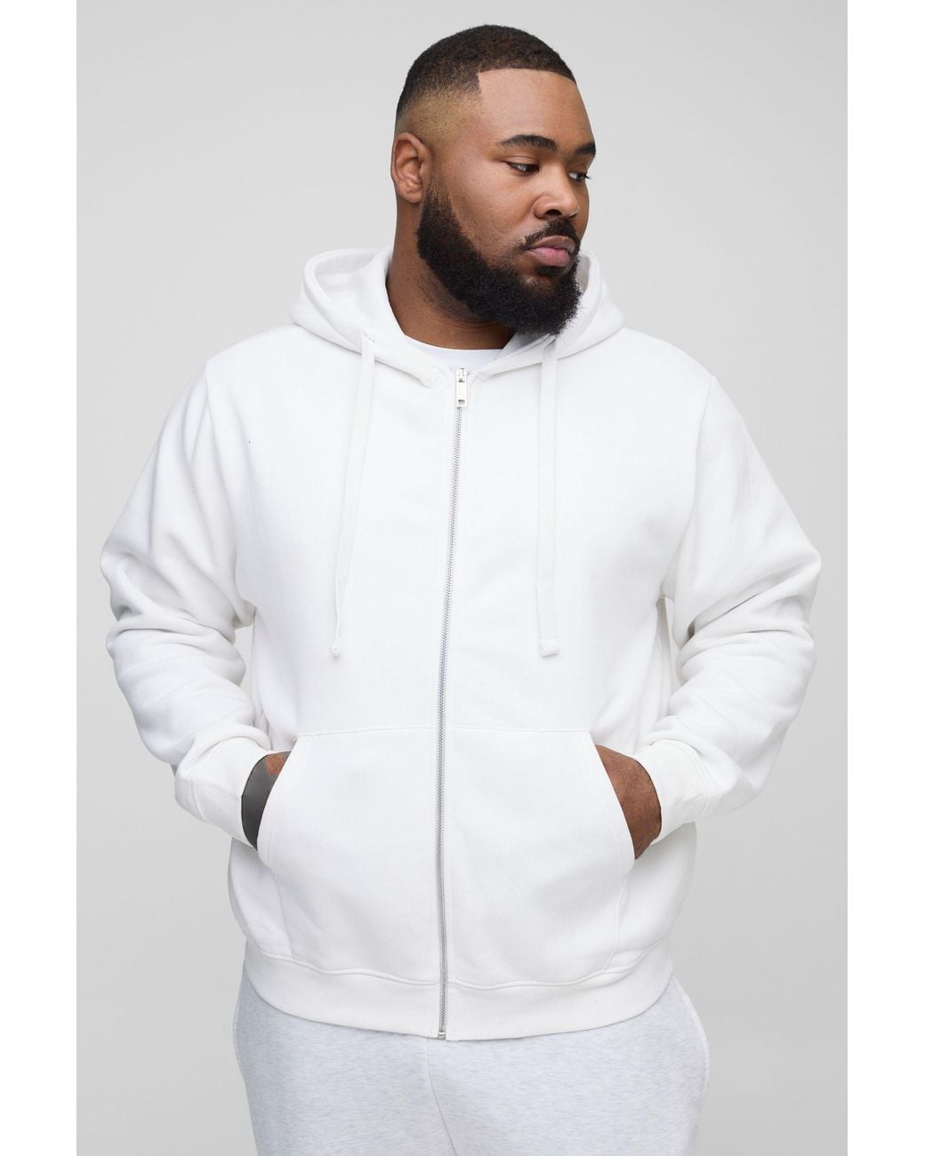 BoohooMAN White Plus Basic Zip Through Hoodie for men