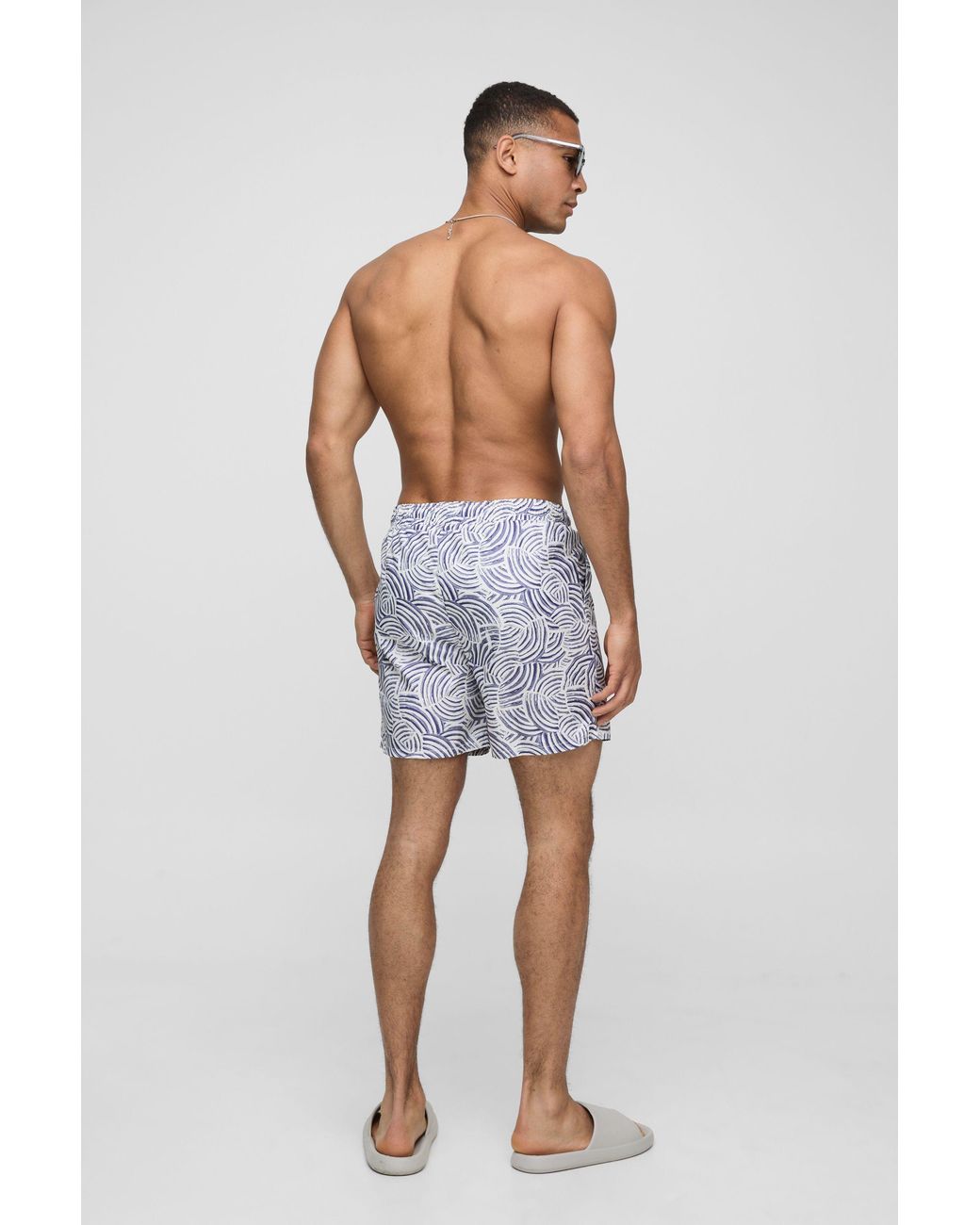 BoohooMAN Blue Pattern Printed Mid Length Swim Trunks for men