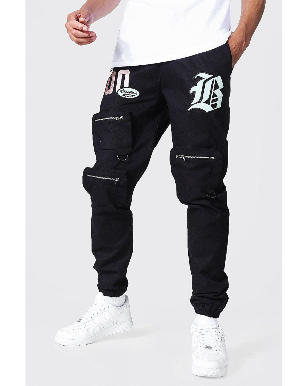 BoohooMAN Tall Front Pocket Varsity Cargo Joggers in Black for Men | Lyst