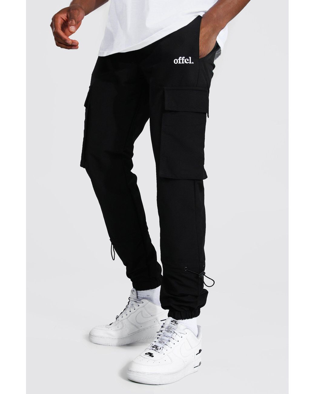BoohooMAN Denim Belt Front Crinkle Shell Cargo Pants in Black for Men - Lyst