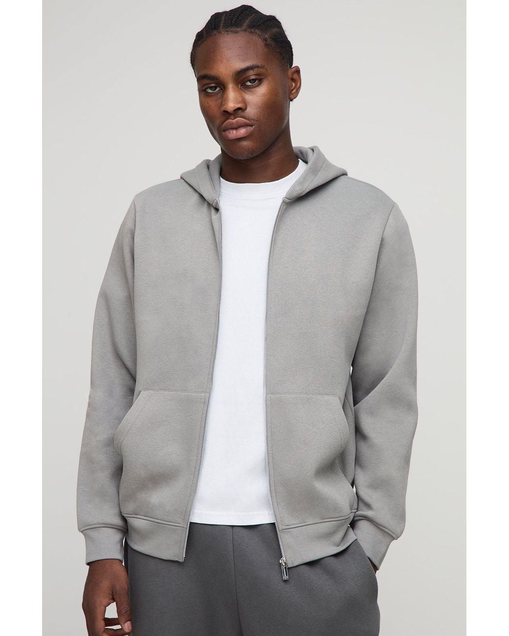BoohooMAN Gray Basic Regular Zip Through Hoodie for men