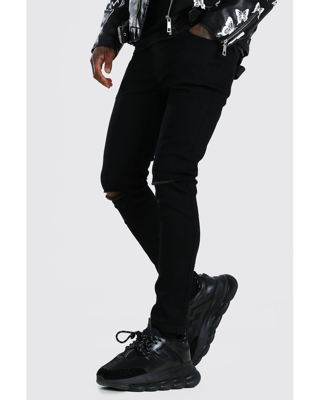BoohooMAN Denim Skinny Jeans With Slash Knee in Black for Men - Lyst