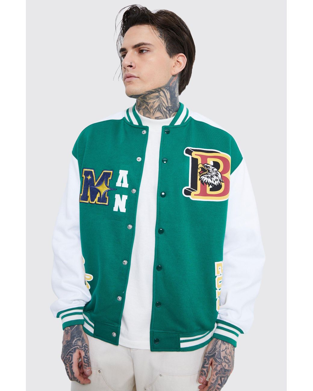 BoohooMAN Oversized Bm Jersey Varsity Jacket in Green for Men Lyst