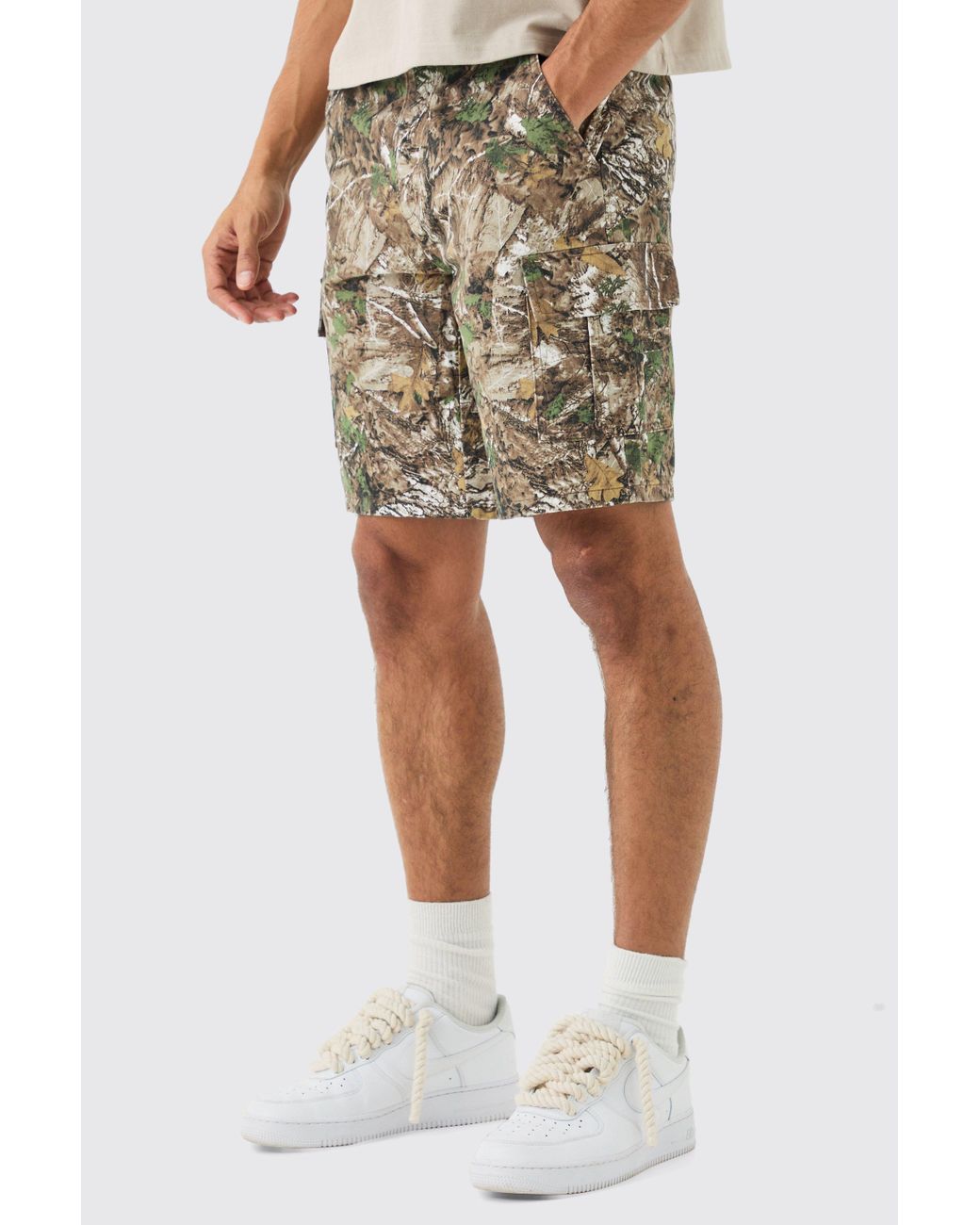 BoohooMAN Forest Camo Fixed Waist Straight Cargo Shorts in Natural for Men Lyst