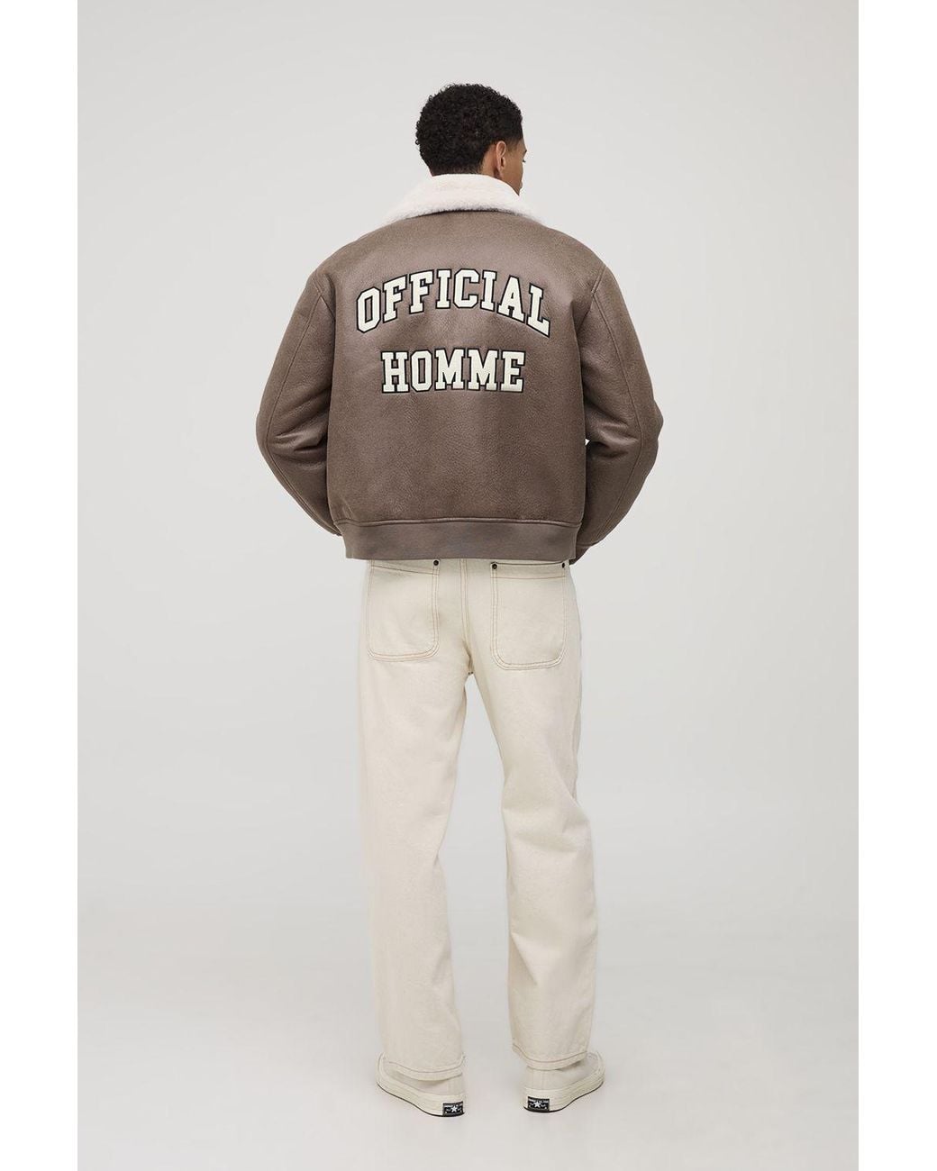 BoohooMAN Gray Oversized Washed Pu Borg Collared Bomber Jacket for men