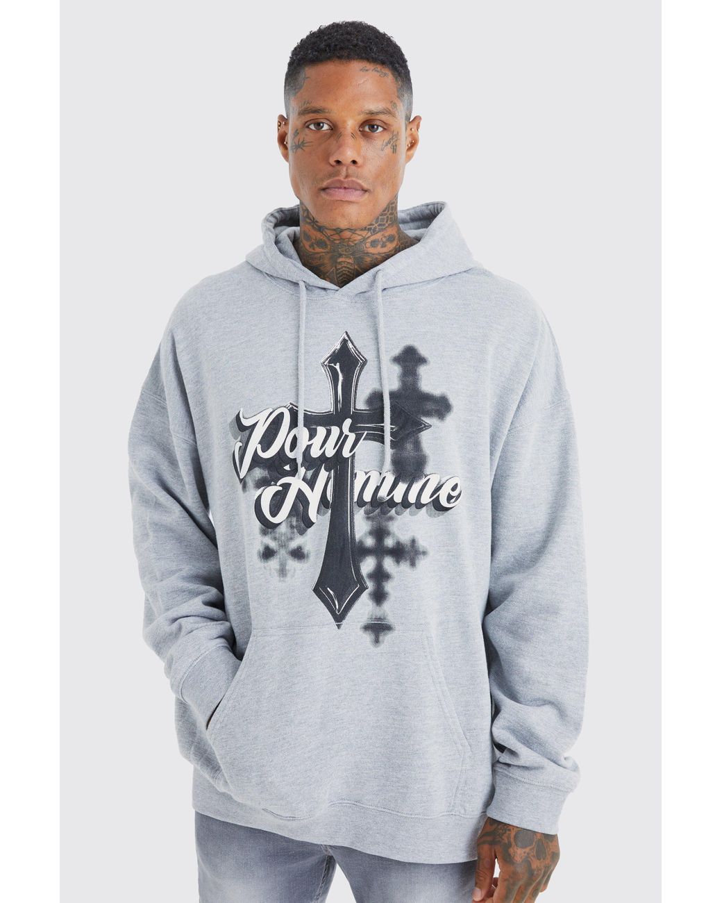 BoohooMAN Oversized Pour Homme Cross Hoodie in Gray | Lyst