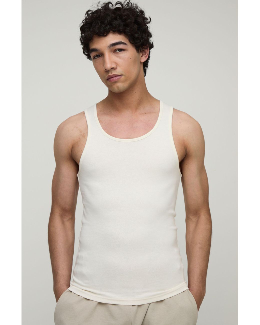 BoohooMAN Natural Basic Muscle Fit Ribbed Tank for men