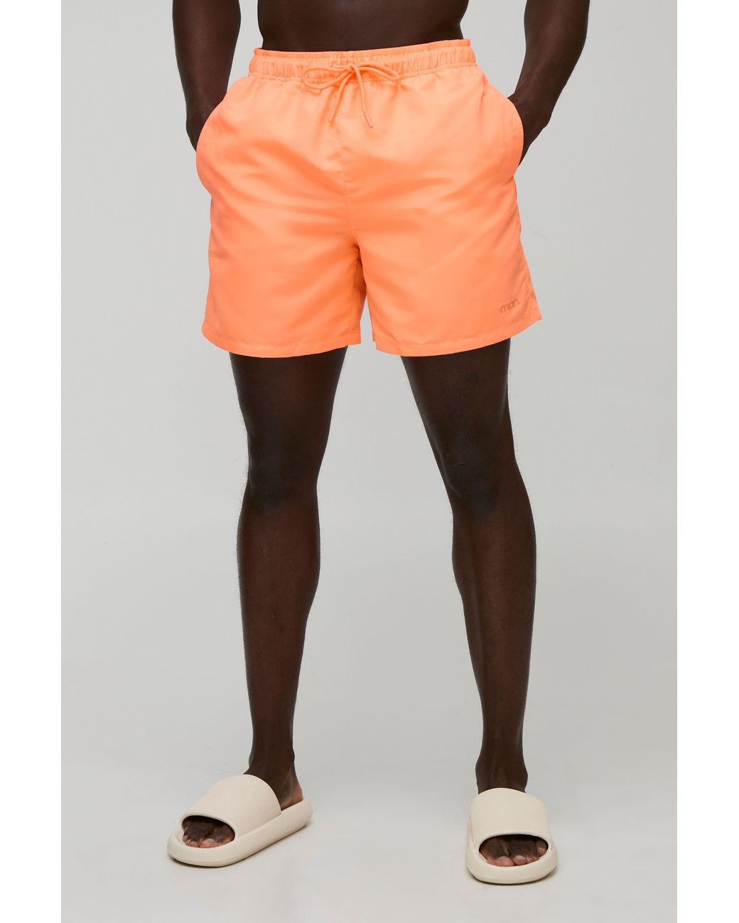 BoohooMAN Orange Mid Length Branded Swim Trunks for men
