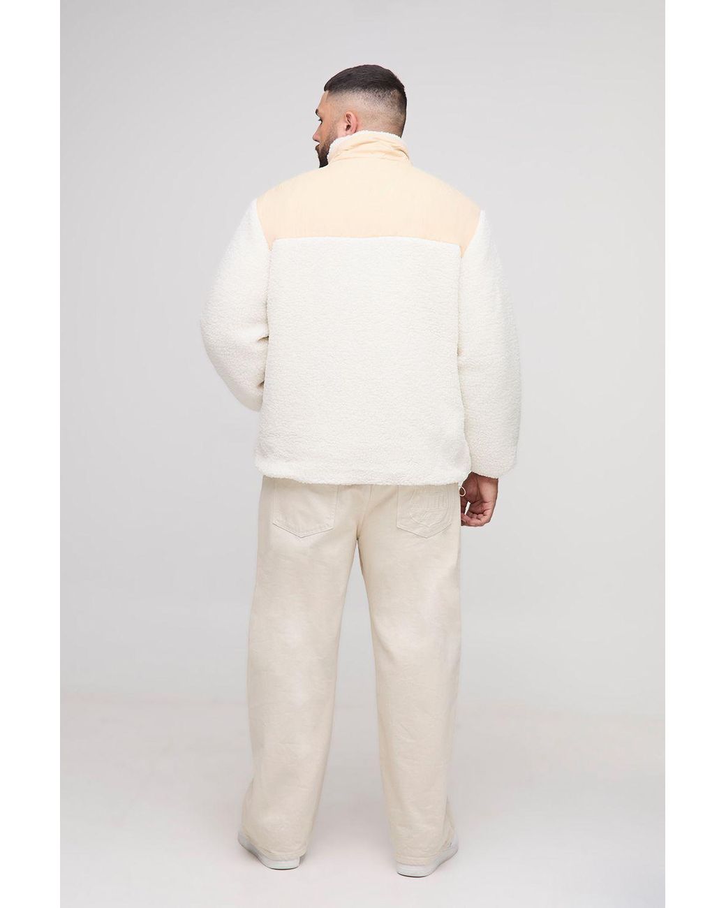 BoohooMAN White Plus Regular Fit Borg Zip Through Nylon Panel Funnel Neck Jacket for men