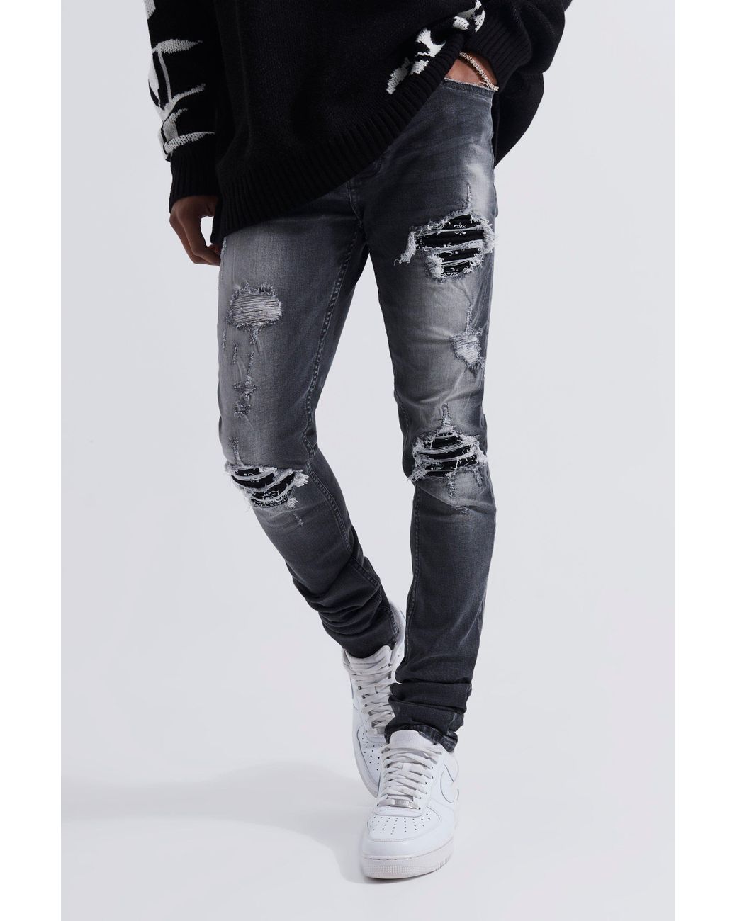 BoohooMAN Skinny Coloured Rip & Repair Stacked Jeans in Black for Men | Lyst