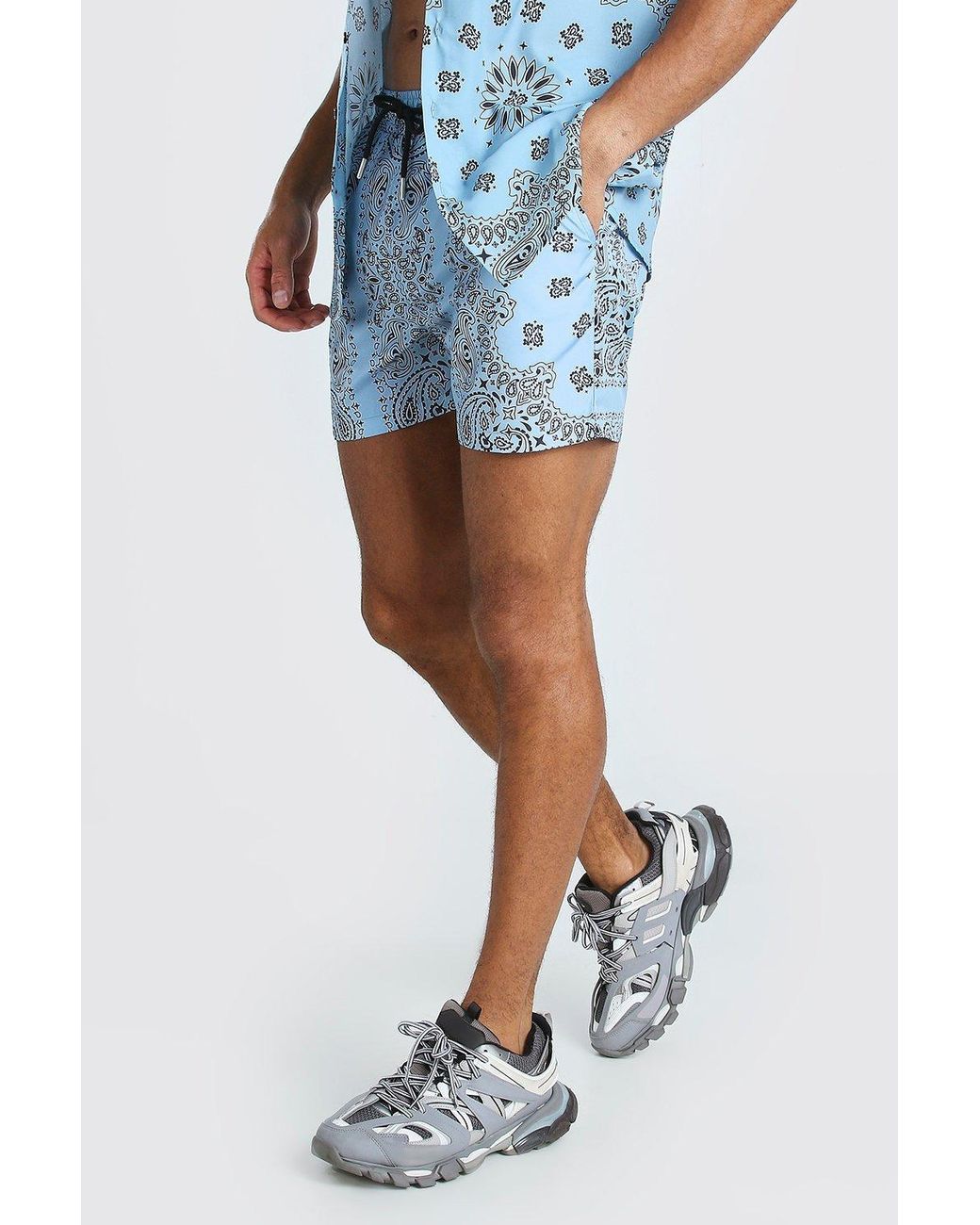 BoohooMAN Denim Mid Length Bandana Print Swim Shorts in Blue for Men - Lyst