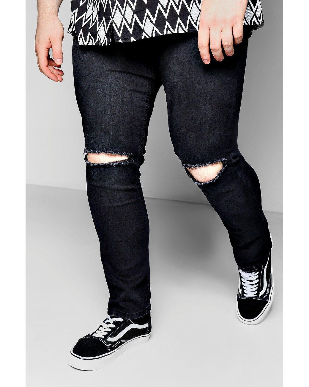 Boohoo Big And Tall Black Ripped Knee Skinny Jeans for Men | Lyst