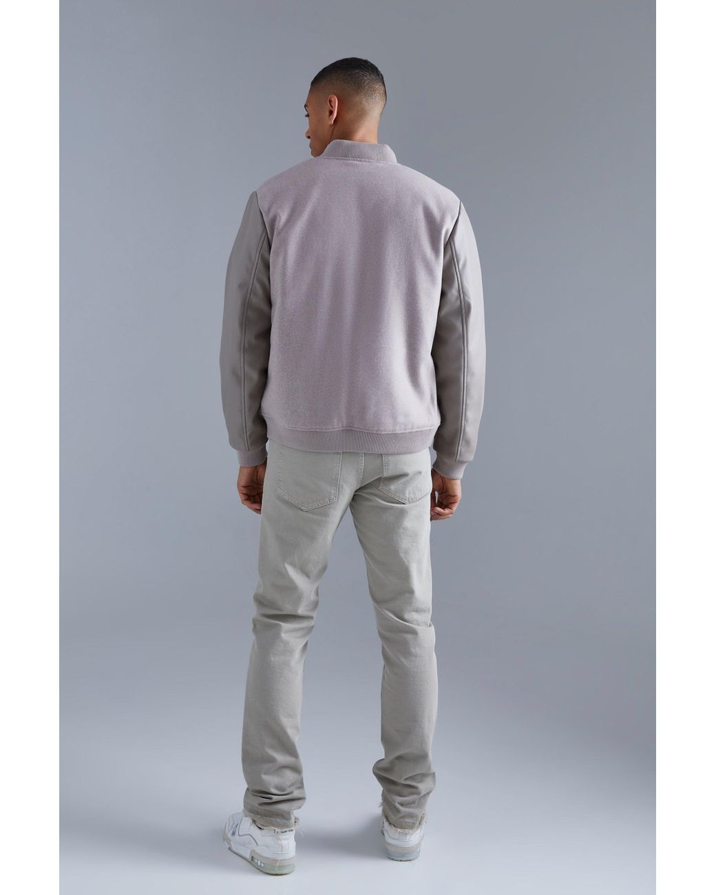 BoohooMAN Gray Regular Fit Melton & Pu Patch Bomber Jacket for men