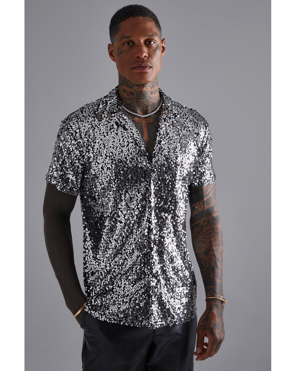 BoohooMAN Short Sleeve Sequin Shirt in Gray for Men | Lyst