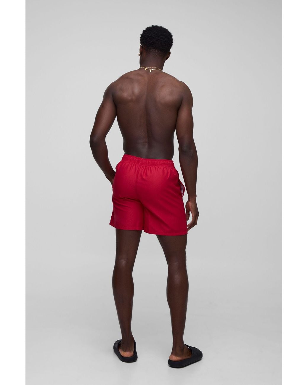 BoohooMAN Red Mid Length Branded Swim Trunks for men