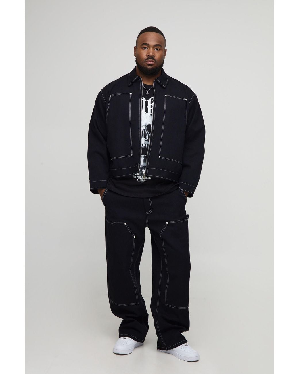 BoohooMAN Black Plus Oversized Boxy Canvas Carpenter Panel Worker Jacket for men