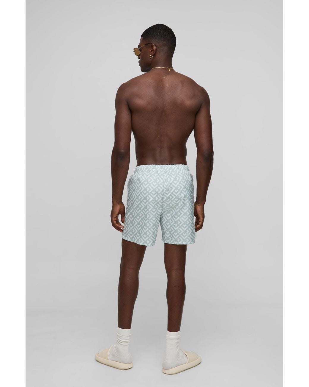 BoohooMAN Green Geo Pattern Mid Length Swim Trunks for men