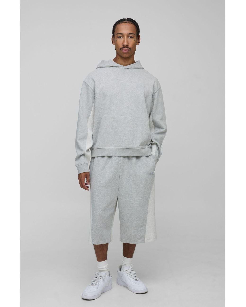BoohooMAN Gray Oversized Reverse Loopback Drop Crotch Tracksuit for men