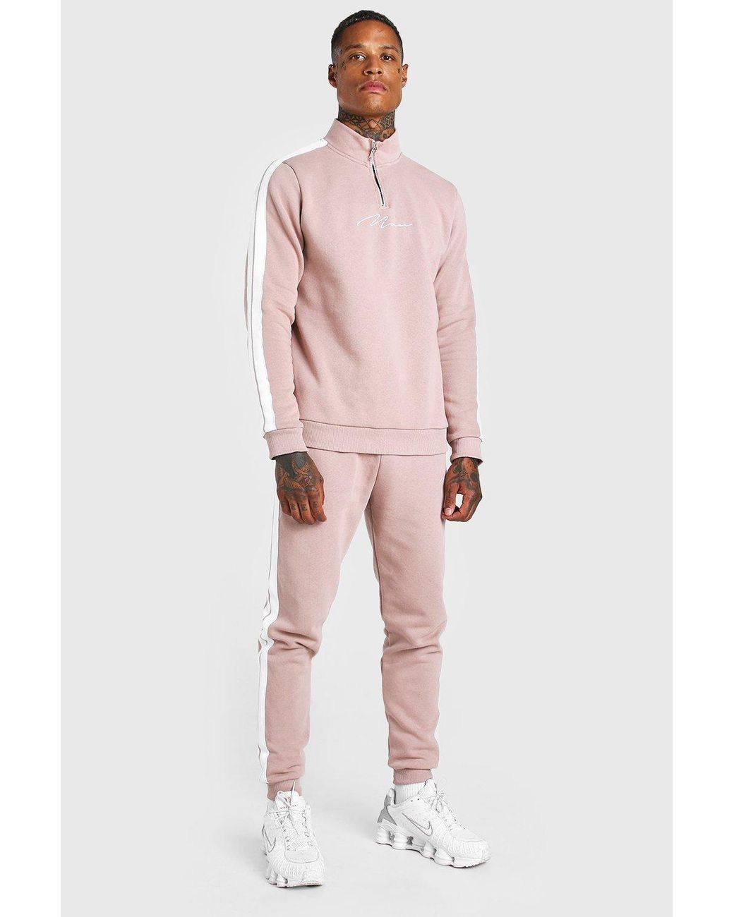 BoohooMAN Man Signature Half Zip Tracksuit With Tape in Pink for Men - Lyst