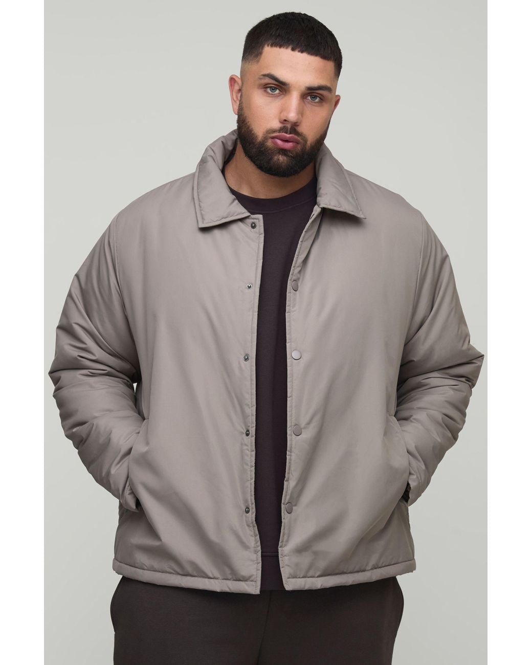 BoohooMAN Gray Plus Regular Fit Padded Collared Coach Jacket for men