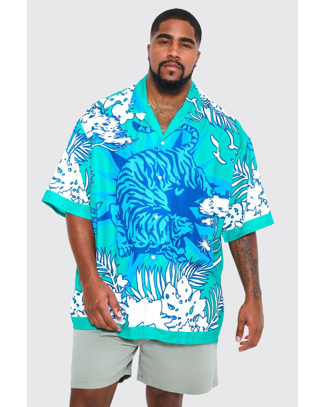 Boohoo Plus Oversized Boxy Slub Tiger Printed Shirt in Blue for Men | Lyst