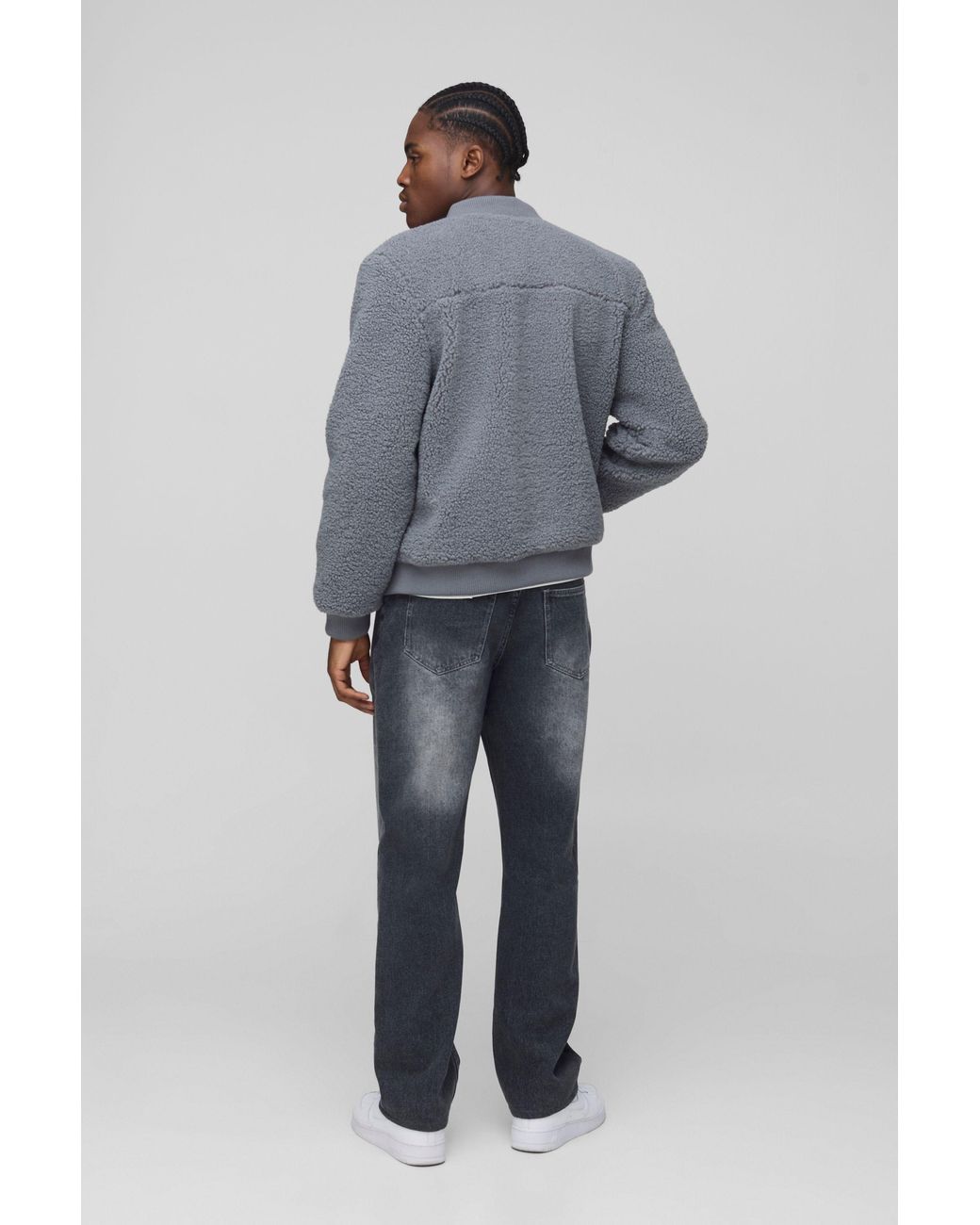 BoohooMAN Gray Regular Fit Borg Bomber Jacket for men