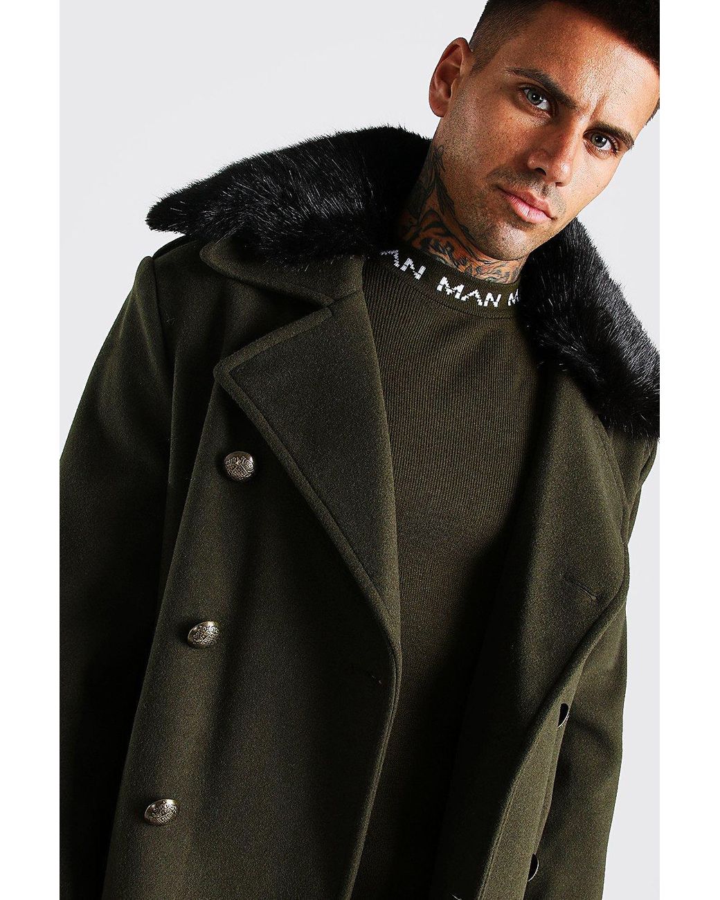 BoohooMAN Faux Fur Collar Military Style Overcoat for Men | Lyst UK