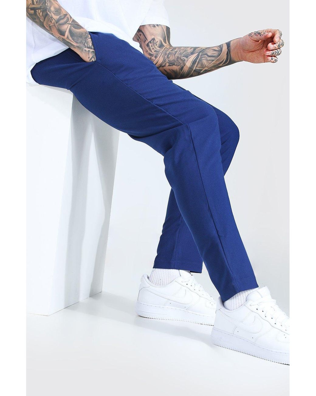 BoohooMAN Skinny Plain Smart Cropped Jogger Pants in Navy (Blue) for Men - Lyst