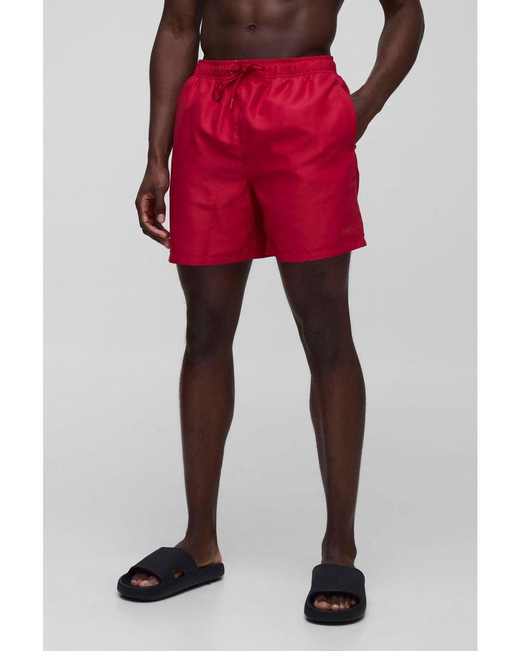 BoohooMAN Red Mid Length Branded Swim Trunks for men