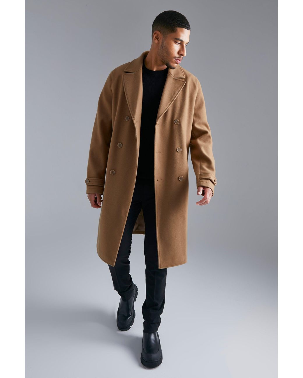 BoohooMAN Tall Double Breasted Wool Look Overcoat in Natural for Men | Lyst