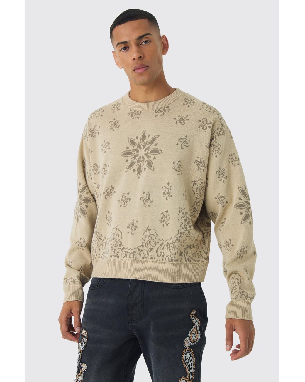 BoohooMAN Oversized Boxy Bandana Print Knitted Sweater in Natural for Men Lyst UK