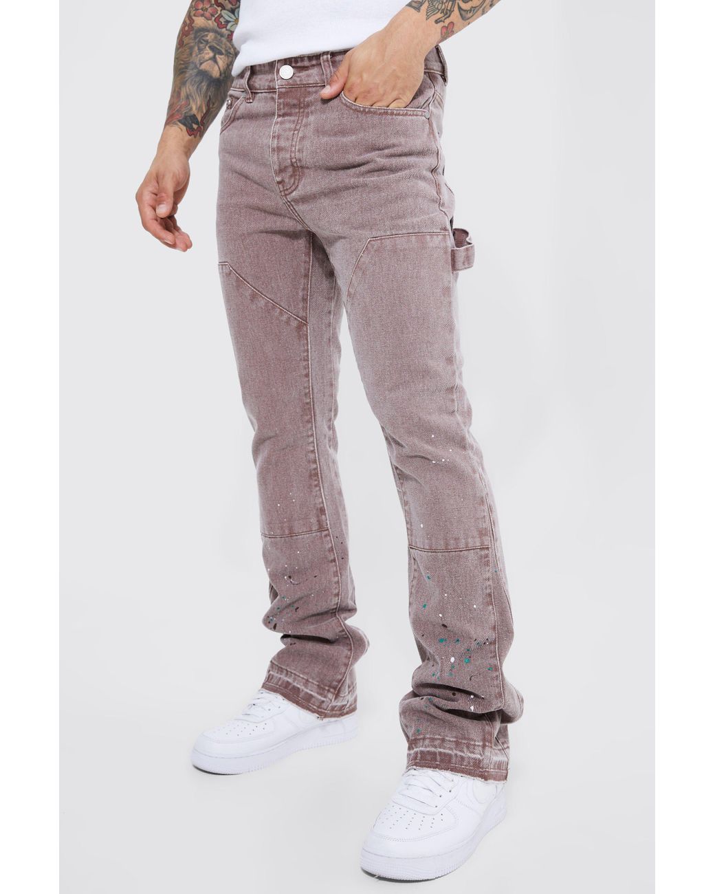 BoohooMAN Slim Rigid Flare Overdye Worker Panel Jeans in Brown for Men