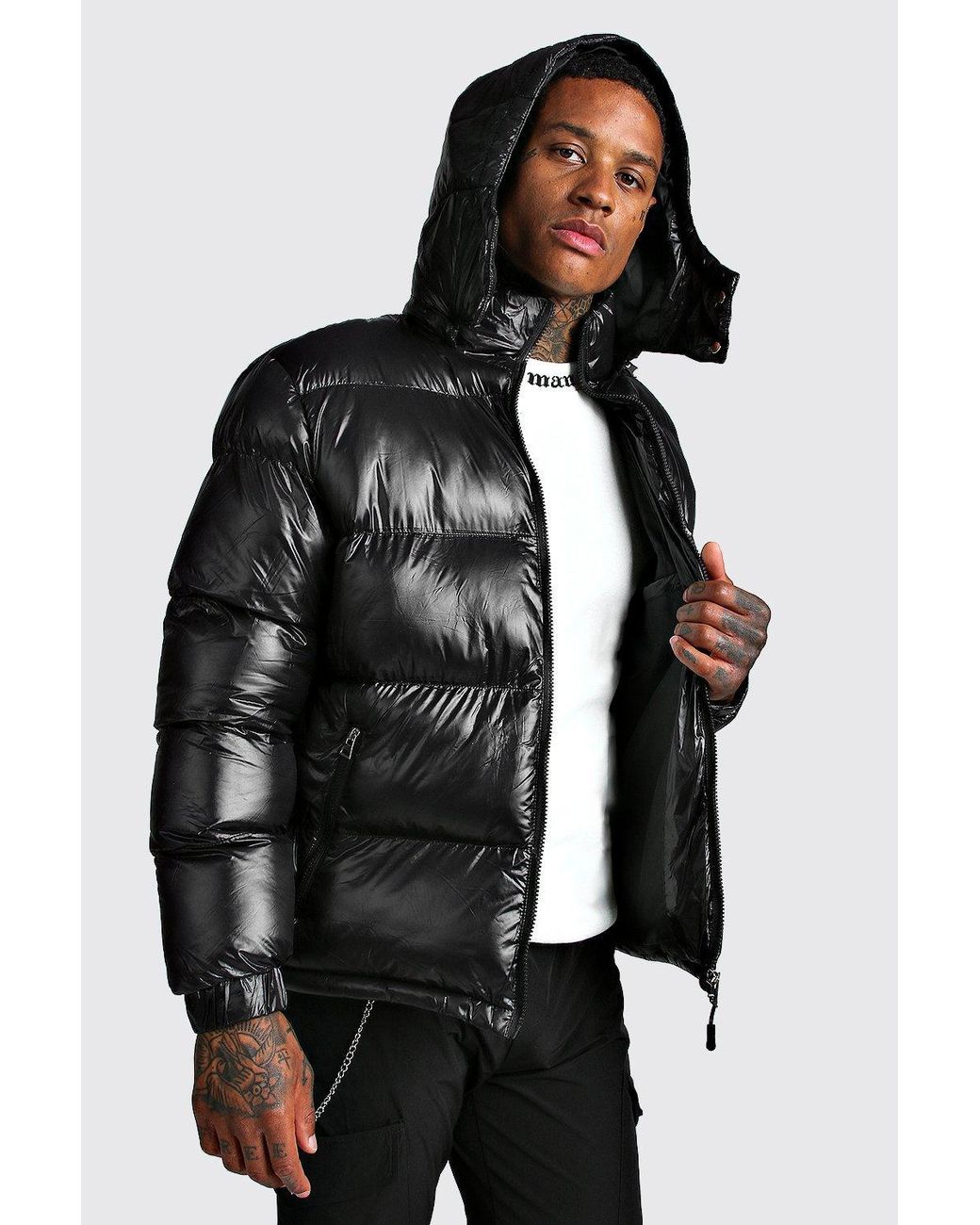 BoohooMAN High Shine Hooded Puffer Jacket in Black for Men | Lyst