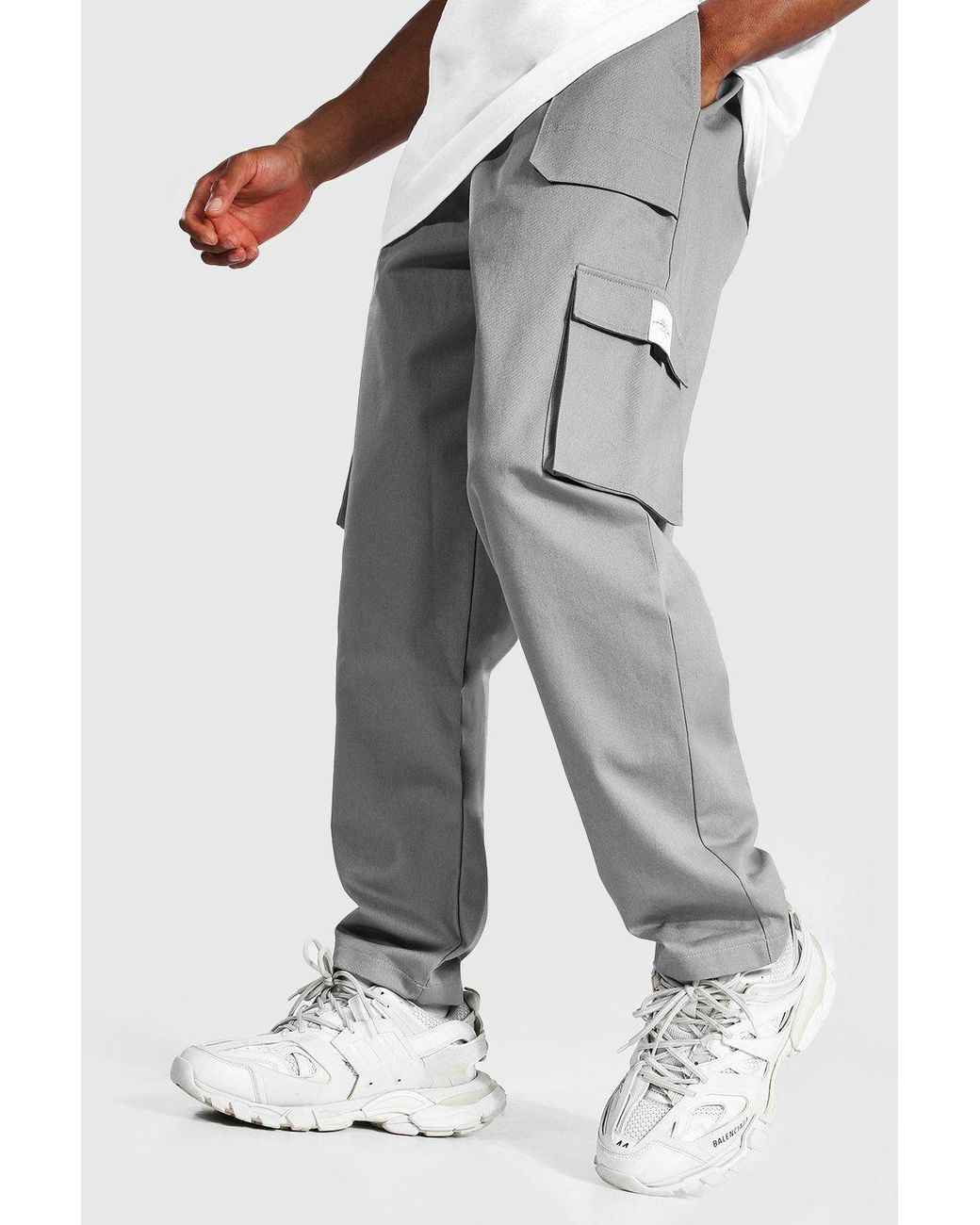 BoohooMAN Relaxed Twill Belt Front Cargo Pants in Gray for Men | Lyst