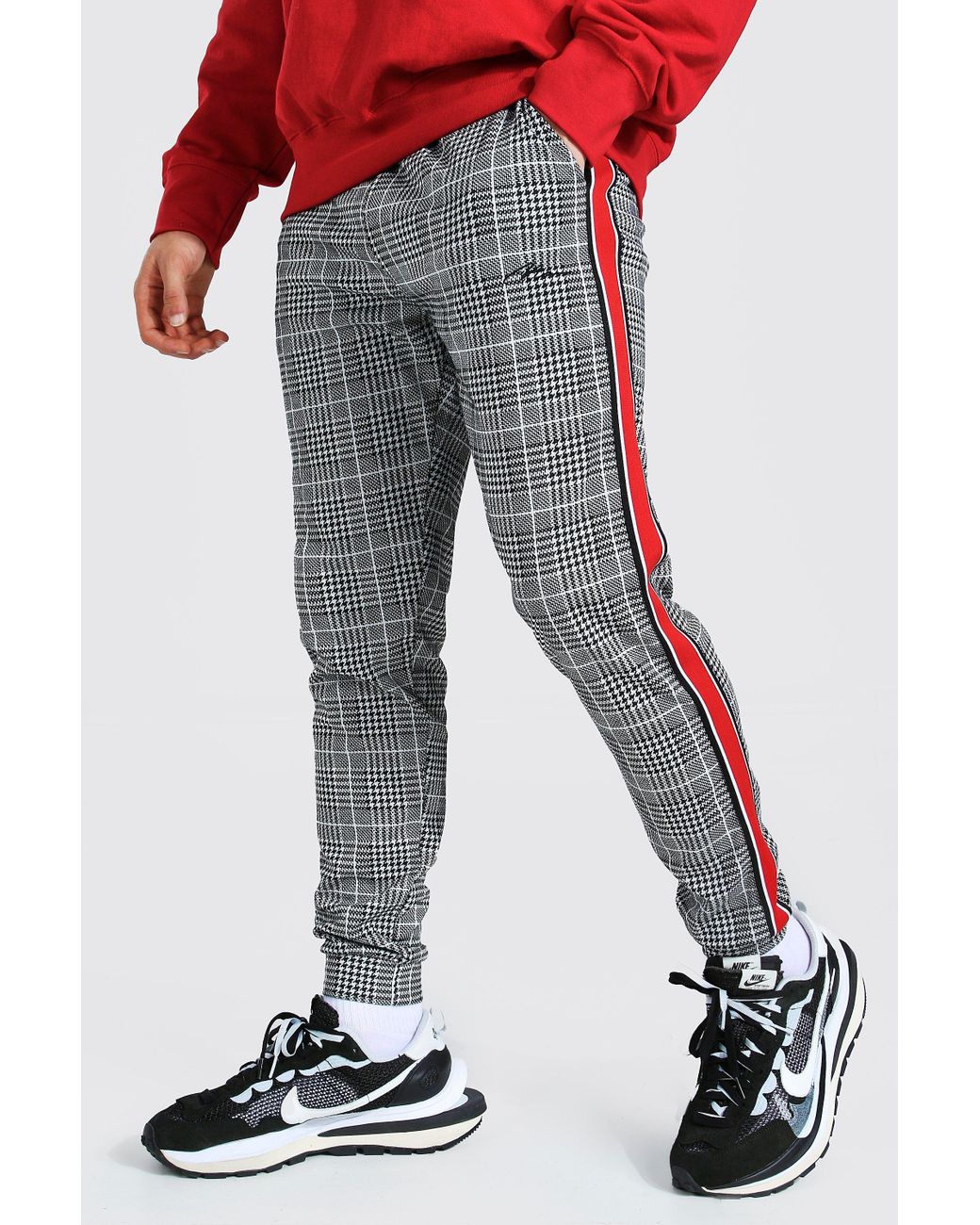 boohooman red joggers