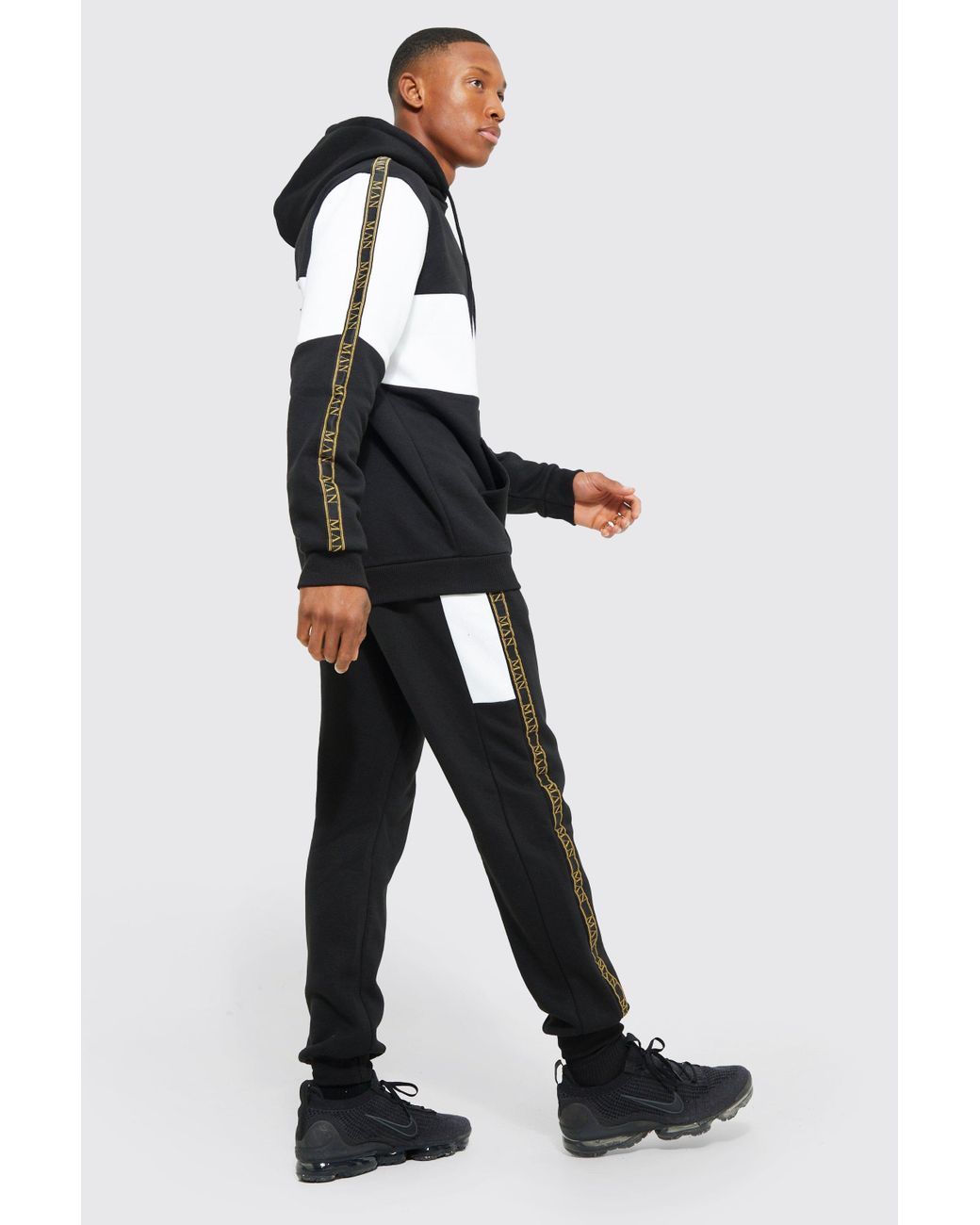 Boohoo Colour Block Man Tape Hooded Tracksuit in Black | Lyst