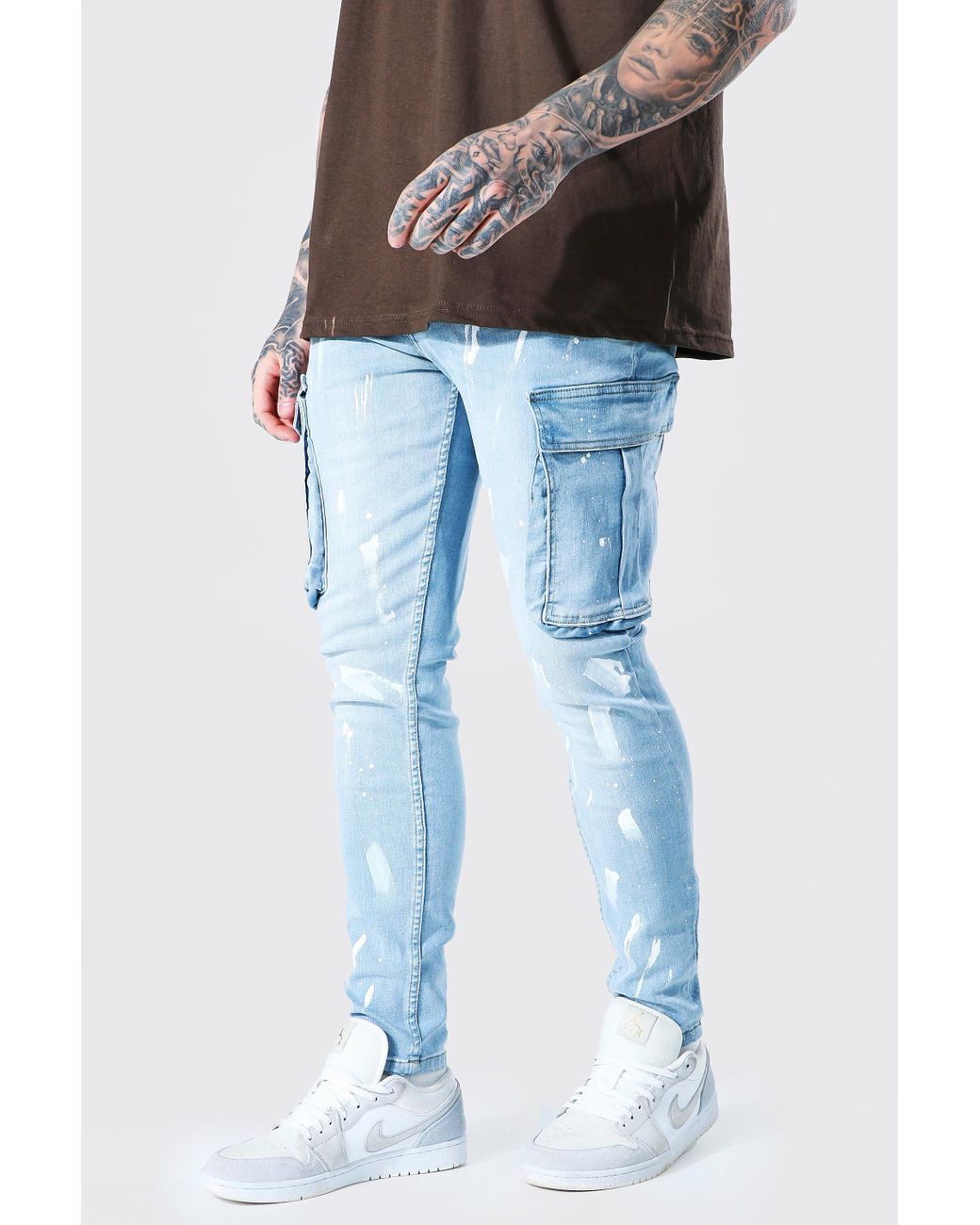 BoohooMAN Denim Skinny Stretch Painted Cargo Jean in Blue for Men Lyst