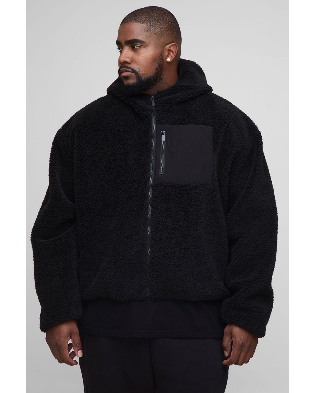 BoohooMAN Blue Plus Oversized Borg Zip Through Hooded Jacket for men