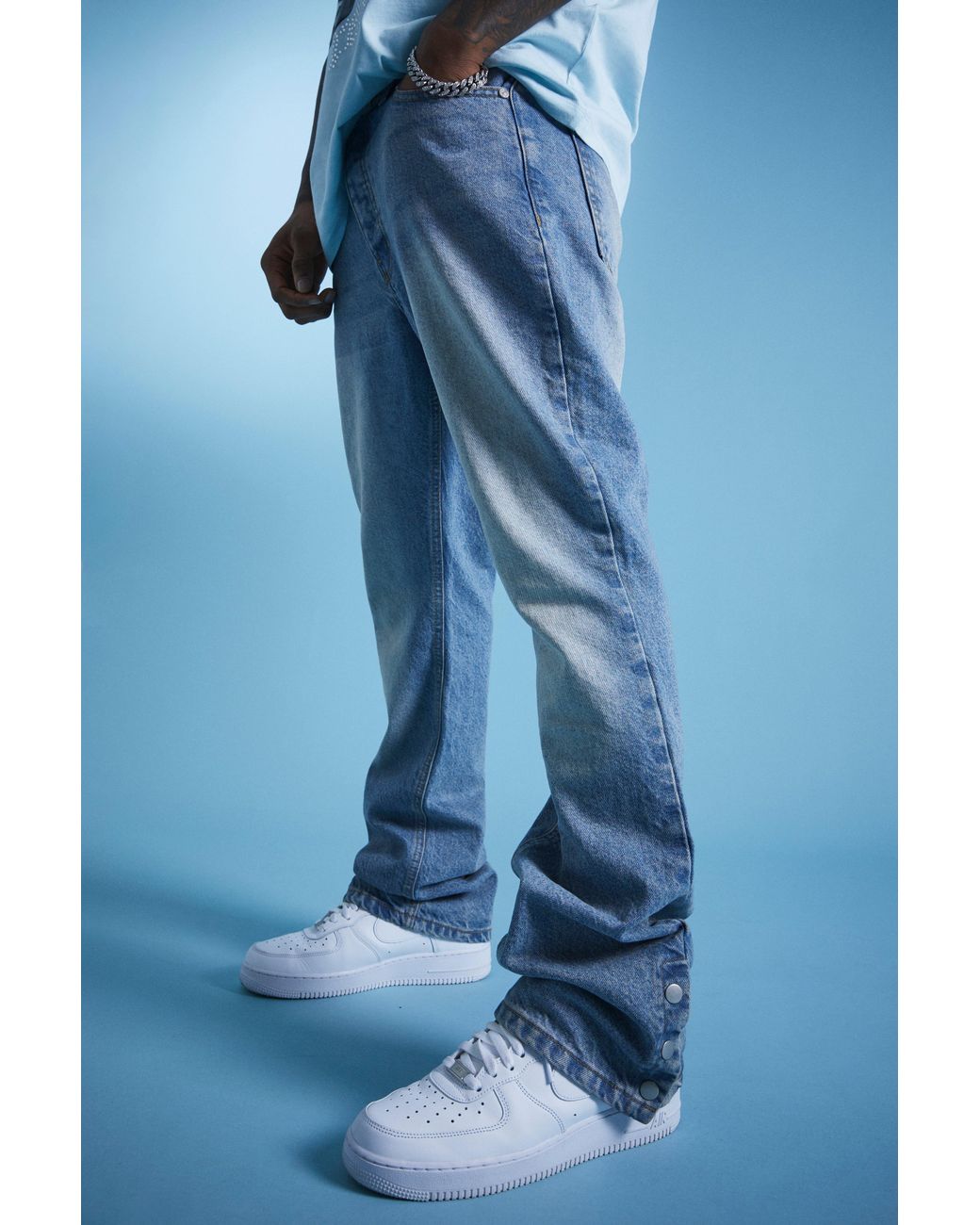 BoohooMAN Lil Tjay Slim Rigid Flare Popper Hem Jean in Blue for Men Lyst