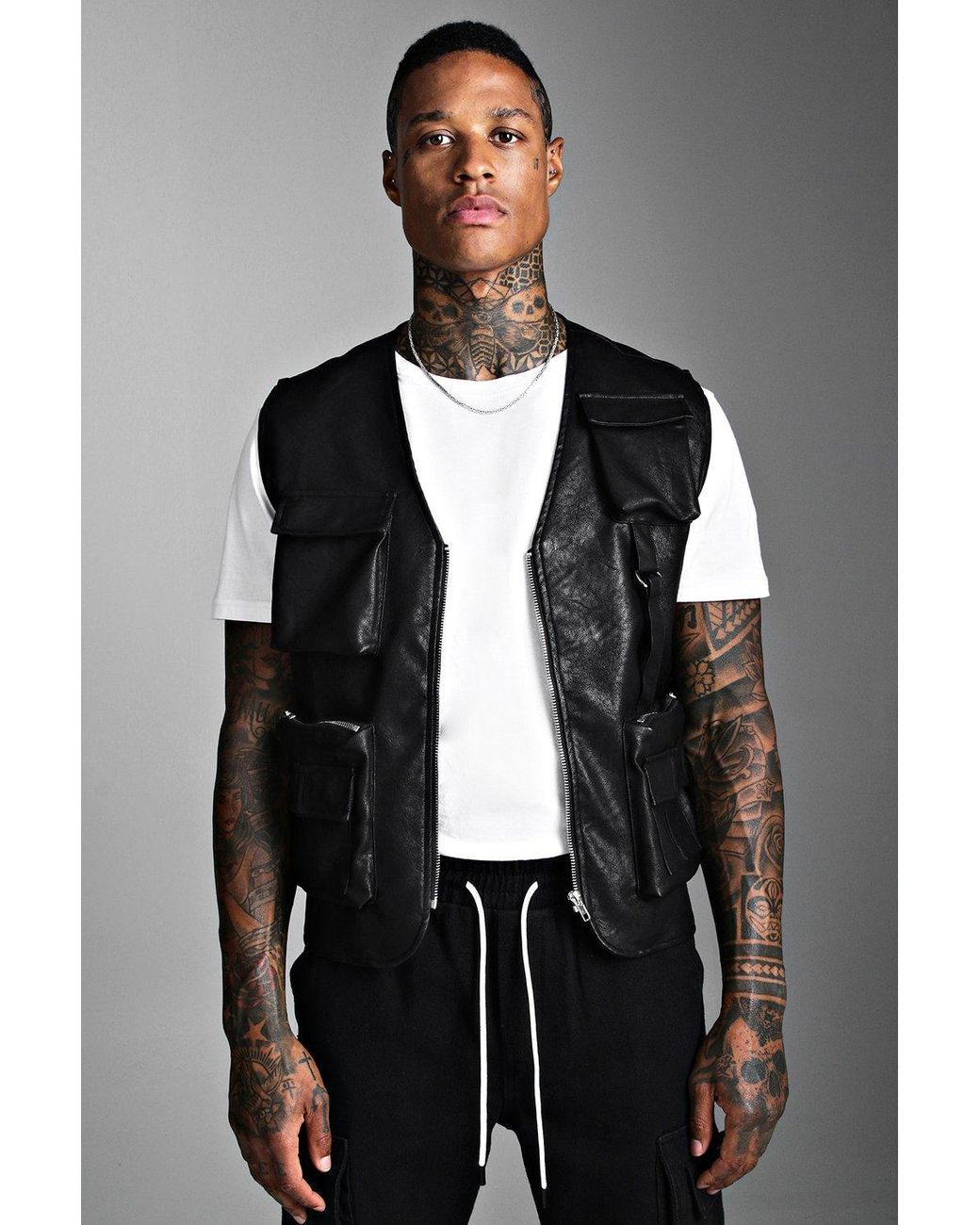 BoohooMAN Faux Leather Utility Vest in 