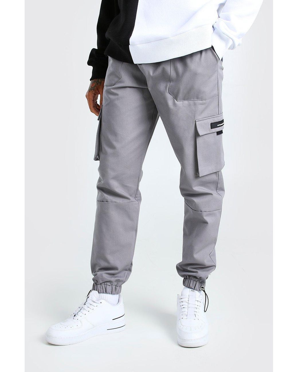 BoohooMAN Twill Cargo Trousers With Rubber Tab Detail in Grey (Gray) for  Men - Save 21% - Lyst