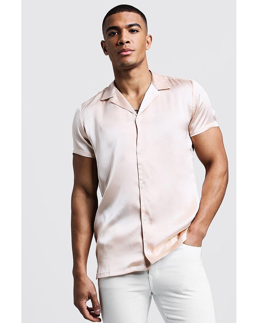 BoohooMAN Short Sleeve Revere Satin Shirt in Pink for Men | Lyst